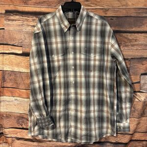Roper Western Shirt Mens Large Gray White Brown Plaid Button Down Flip Cuff